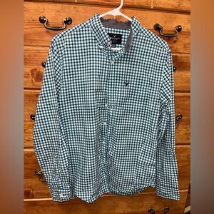 American Eagle Outfitters Men's Green and White Plaid Shirt